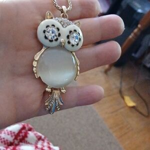 Gold Tone and White Owl Pendant Necklace